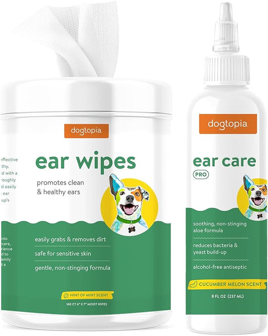 Ear Wipes and Ear Care Pro Solution for Pets | Gentle Ear Wipes (160 count) and Ear Care Solution (8oz) for Dogs and Cats | Non-Stinging Ear Duo