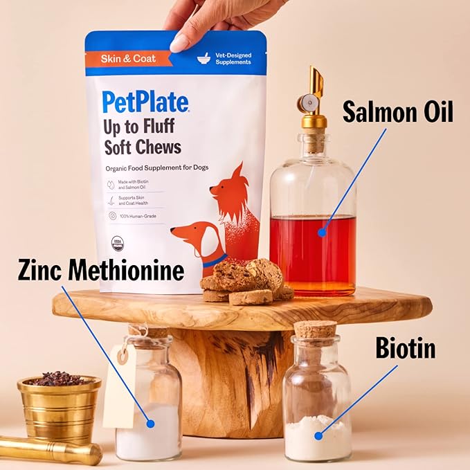 PetPlate Skin & Coat Chews for Dogs, USDA Organic Supplement, Grain-Free, Human-Grade, includes Salmon Oil and Biotin, Pet Supplies (Pack of 1, 9.8 Ounce)