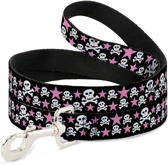 Buckle-Down Dog Leash Skulls Stars Black White Pink Available In Different Lengths And Widths For Small Medium Large Dogs and Cats, 4 Feet Long - 1/2" Wide