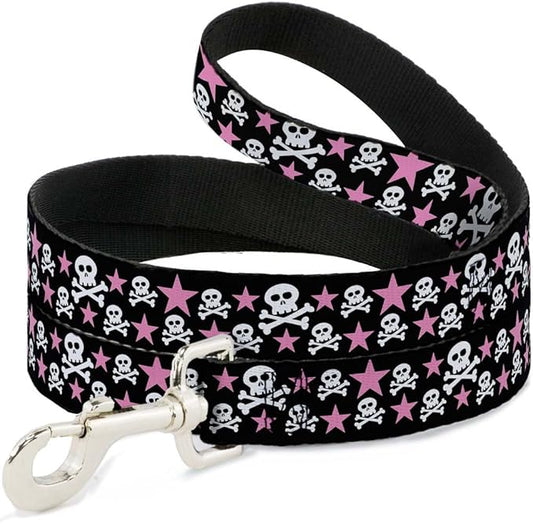 Buckle-Down Dog Leash Skulls Stars Black White Pink Available In Different Lengths And Widths For Small Medium Large Dogs and Cats, 4 Feet Long - 1/2" Wide