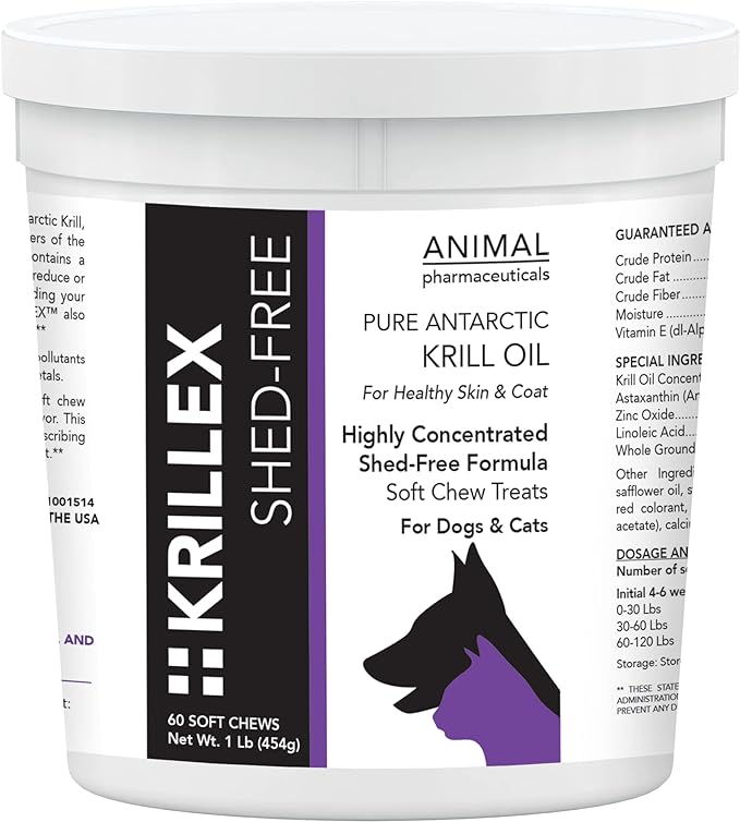 Krillex Shed-Free Chews - Shedding Support Krill Oil for Dogs & Cats - Skin and Coat Omega 3 Supplement for Dogs - 60 ct