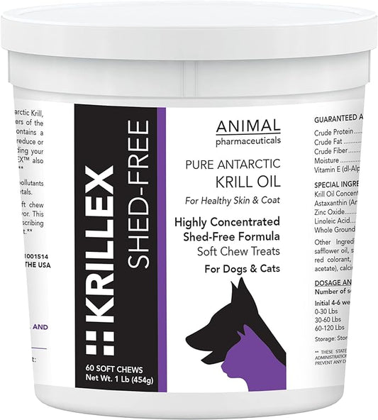 Krillex Shed-Free Chews - Shedding Support Krill Oil for Dogs & Cats - Skin and Coat Omega 3 Supplement for Dogs - 60 ct