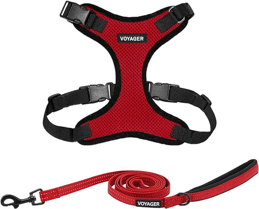 Voyager Step-in Lock Dog Harness w Reflective Dog Leash Combo Set with Neoprene Handle 5ft - Supports Small, Medium and Large Breed Puppies/Cats by Best Pet Supplies - Red/Black Trim, M