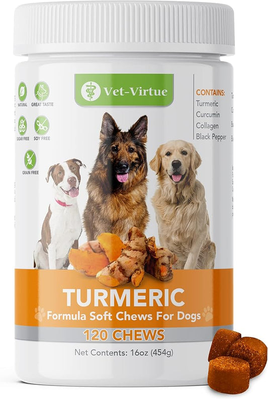 Turmeric for Dogs - Organic Turmeric with Curcumin, Hip and Joint Supplement Dogs Soft Chew, with Collagen and Bioprene, High Absorption Eliminates Joint Pain Inflammation - 120 Count