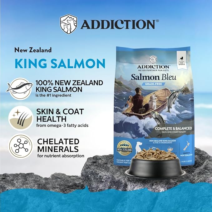 Addiction Salmon Bleu Dog - Dry Dog Food - Complete and Balanced Diet - Skin and Coat Health Dog Formula - Features Premium King Salmon - 4 lb
