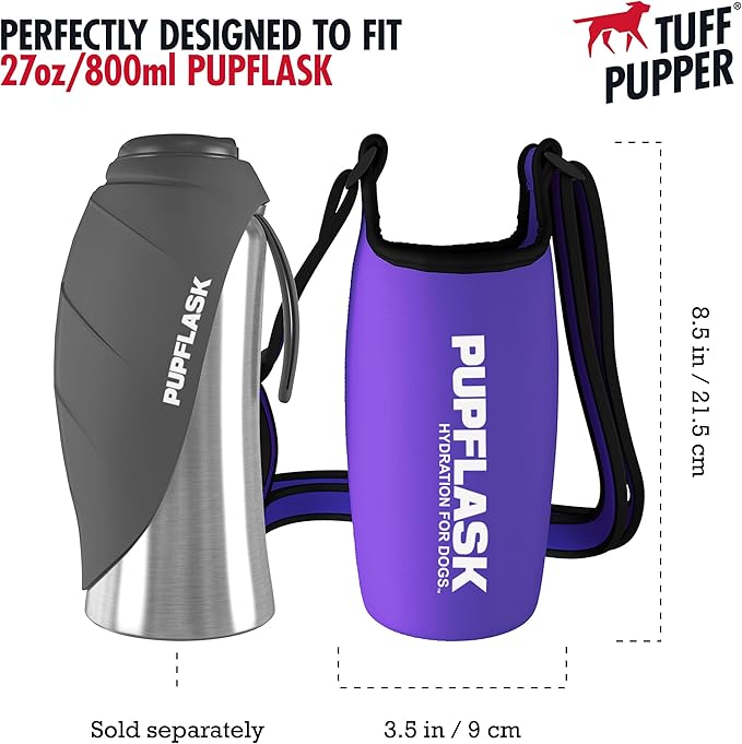 Tuff Pupper PupFlask Insulated Neoprene Dog Water Bottle Holder Sling with Wide Adjustable Shoulder Strap, Great for Travel, Walking, Hiking, Portable Pet Water Bottle Holder (27 OZ, Ultra Violet)