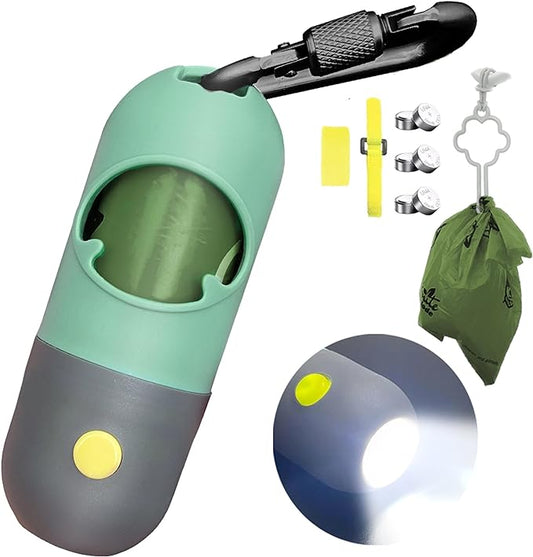 Dog Poop Bag Dispenser with Built-in LED Flashlight and Metal Clip for Leash, Pet Waste Bag Holder, Dog Walking Accessory (Mint Green)