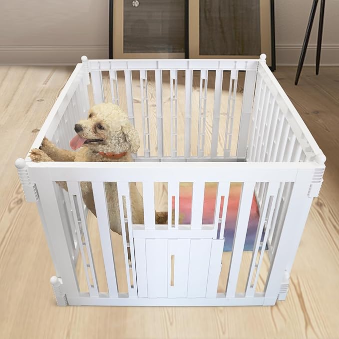RIZZARI Foldable Plastic Dog Playpen, 4 Panels Pet Fence with Doors for Small Cats and Dogs, Portable Pet Barrier for Indoor and Outdoor, Easy to Assemble (White with Door)