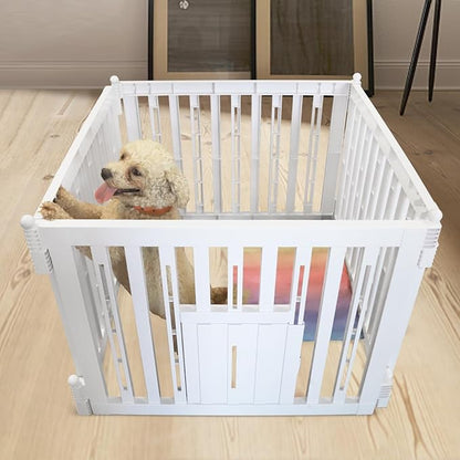 RIZZARI Foldable Plastic Dog Playpen, 4 Panels Pet Fence with Doors for Small Cats and Dogs, Portable Pet Barrier for Indoor and Outdoor, Easy to Assemble (White with Door)