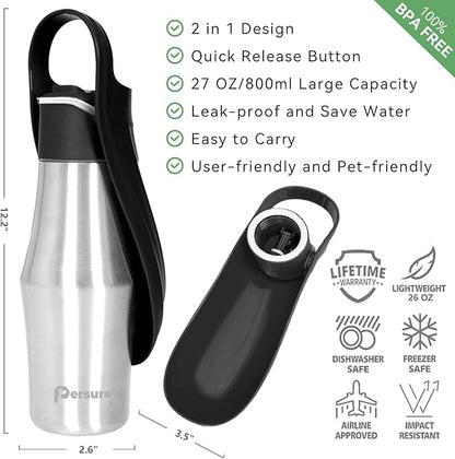 Dog Water Bottle, Portable Dog Water Bottle Dispenser - 27 OZ Stainless Steel Leak-Proof Water Bottle for Dogs On The Go, Perfect for Travel, Walking, Hiking and Outdoor Activities, Black