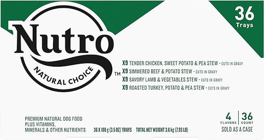 NUTRO Natural Grain Free Adult Dog Wet Food Cuts in Gravy Variety Pack of Beef, Lamb, Chicken, and Turkey Recipes, 3.5 oz. Trays (Pack of 36)