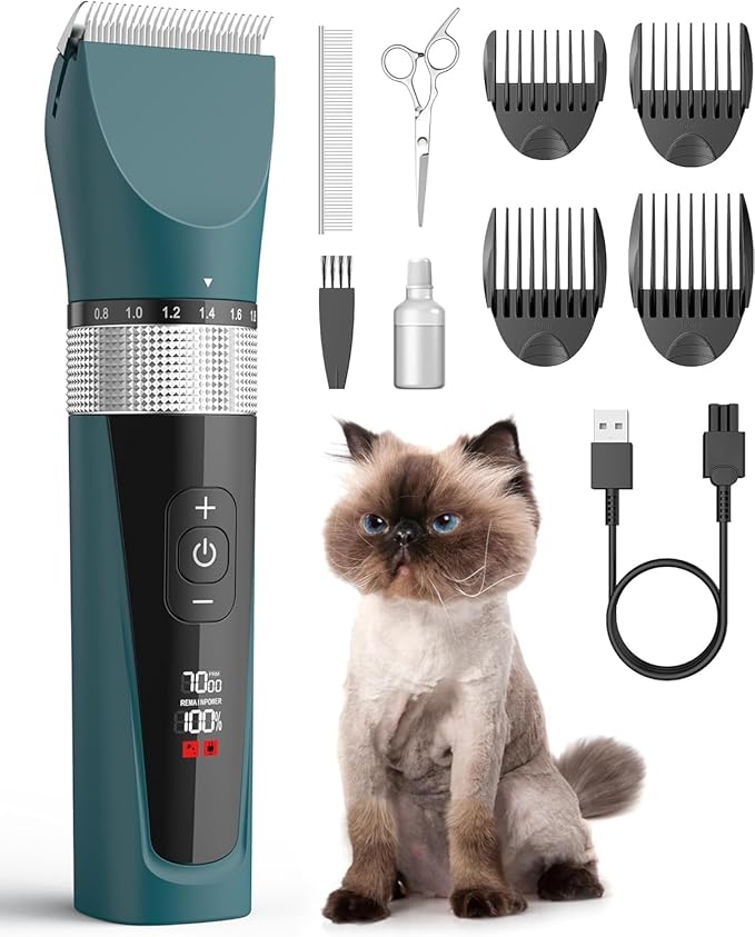 oneisall Cat Grooming Clippers for Matted Long Hair, 5-Speed Cat Grooming Kit Cordless Low Noise Pet Hair Clipper Trimmer Shaver for Dogs Cats Animals (green)