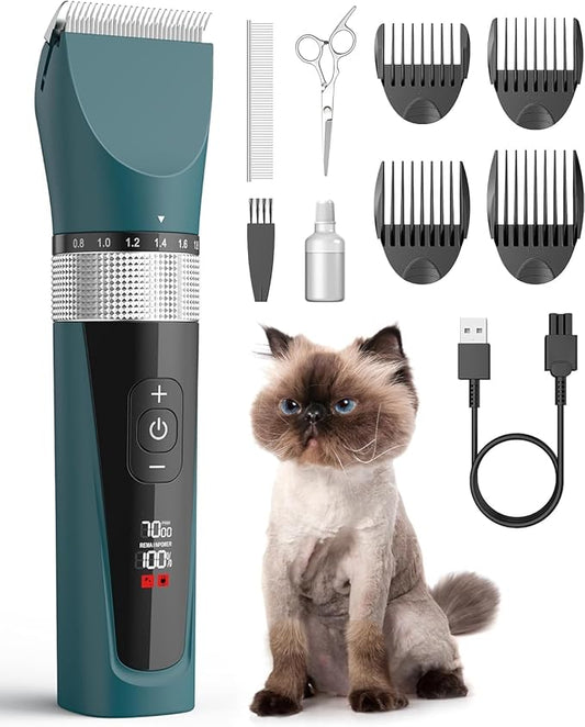 oneisall Cat Grooming Clippers for Matted Long Hair, 5-Speed Cat Grooming Kit Cordless Low Noise Pet Hair Clipper Trimmer Shaver for Dogs Cats Animals (green)