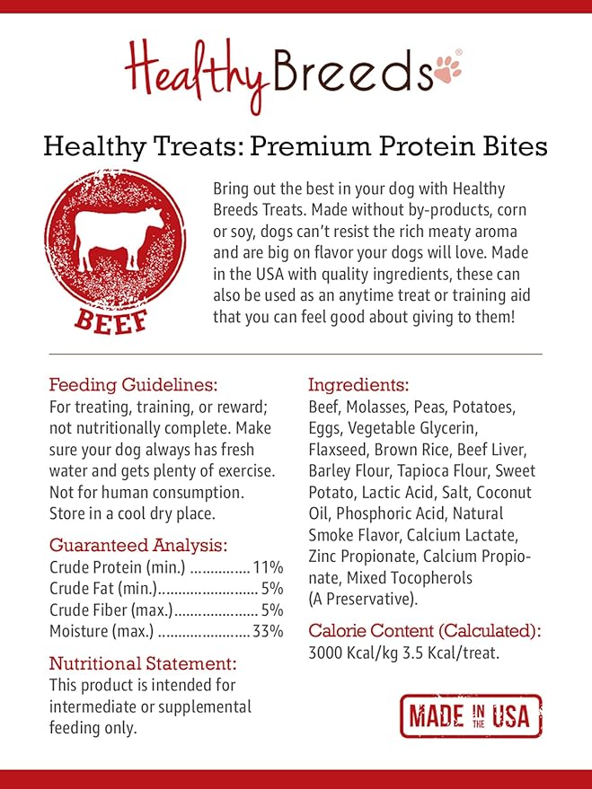 Healthy Breeds English Toy Spaniel Healthy Treats Premium Protein Bites - Low Fat Dog Treats - Beef is The 1st Ingredient - 10 oz