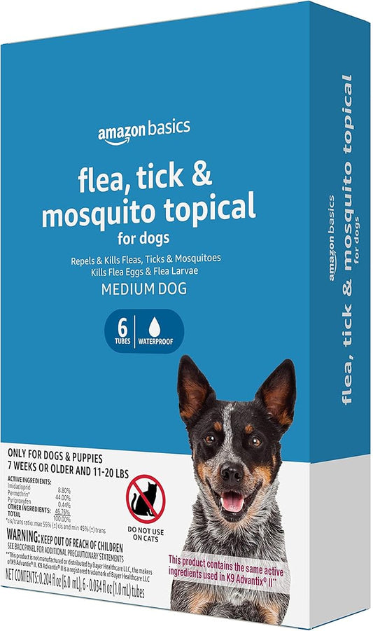 Amazon Basics Flea, Tick & Mosquito Topical Treatment for Medium Dogs (11-20 pounds), 6 Count (Previously Solimo)