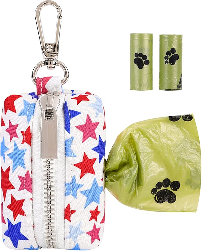 ARING PET Dog Waste Bag Dispenser, Cotton Doggy Poop Bags Holders Attach to Any Leashes, Portable Washable American Flag Pet Waste Pouch Dispenser with Metal Zipper