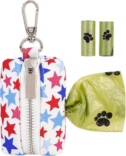 ARING PET Dog Waste Bag Dispenser, Cotton Doggy Poop Bags Holders Attach to Any Leashes, Portable Washable American Flag Pet Waste Pouch Dispenser with Metal Zipper