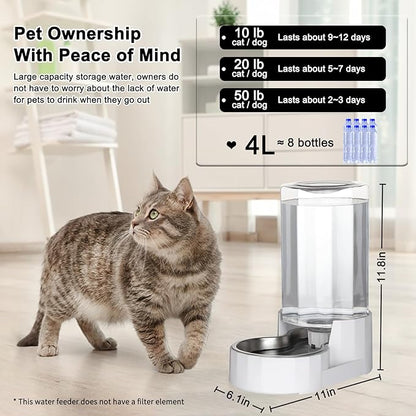 RIZZARI Automatic 4L Gravity Pet Water Dispenser with Stainless Steel Bowls, 100% BPA-Free,Safe and Large Capacity, Suitable for Small and Medium-Sized Cats and Dogs (4L Without Filter)
