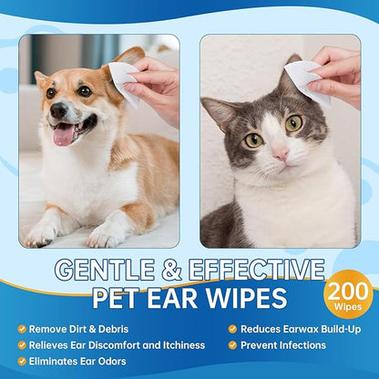Ear Wipes for Pet, 200PCS Pet Ear Cleaning Wipes Wash Cleaner for Dogs Cats - Ear Wipes for Dogs Cats, Remove Ear Wax Dirt Debris for Dogs Cats