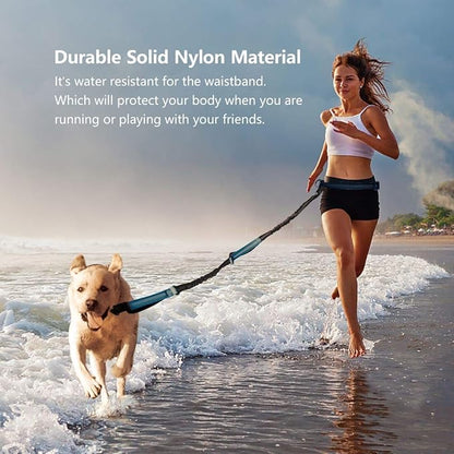 Hands Free Dog Running Leash with Adjustable Waist Belt, Dual Handle Elastic Bungees Retractable Rope for Medium and Large Dogs, Reflective Stitches for Walking Hiking Biking