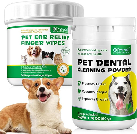 Dog Dental Powder, Dental Care for Dog Teeth Breath Freshener, Dog Ear wipes Finger,Finger Wipes for Dogs & Cats - Pet Ear Cleaning Finger Wipes - Sooths & Deodorizes, Prevent Ear Itch & Inflammation