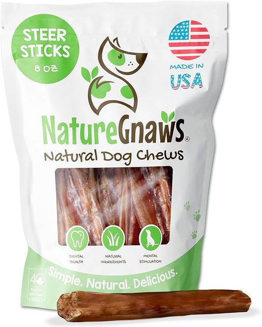 Nature Gnaws Steer Sticks - Bully Sticks for Dogs - Great for Small, Medium and Large Dogs - Made in USA, Single Ingredient - Natural Long Lasting Chew Sticks - Rawhide Free Bully Bones - 8oz