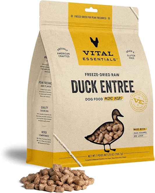 Vital Essentials Freeze Dried Raw Dog Food, Duck Mini Nibs Entree, 25 oz