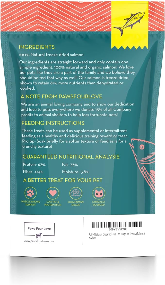 Fully Natural Organic Freeze Dried Dog/Cat Treats Food Toppers Single Ingredient, USA Made, Healthy, High Value, Gluten Grain Free, High Protein, Diabetic Friendly (1, Salmon)