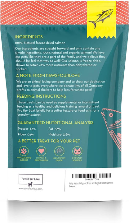 Fully Natural Organic Freeze Dried Dog/Cat Treats Food Toppers Single Ingredient, USA Made, Healthy, High Value, Gluten Grain Free, High Protein, Diabetic Friendly (1, Salmon)