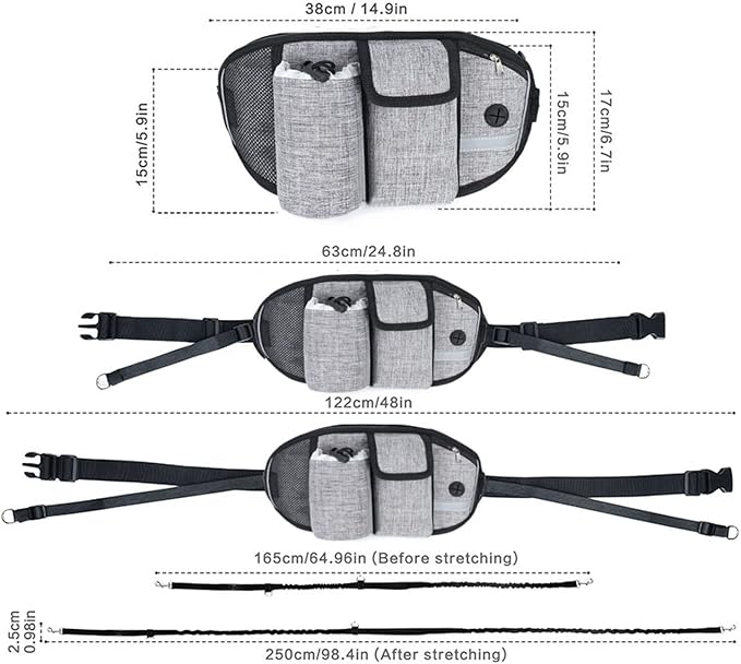 Waist Leash for Dog Walking - Hands Free Dog Leash with Multi Pouches, Wide Back Support Belt Bungee Dog Leash, Dog Waist Belt Leash for Walking, Running, Hiking, Training (Gray)