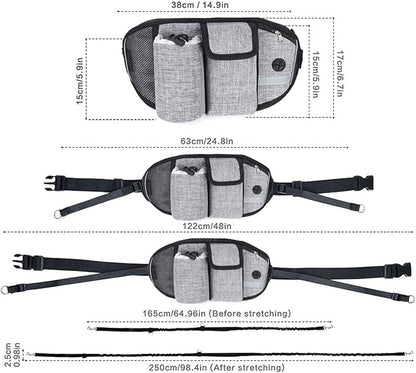 Waist Leash for Dog Walking - Hands Free Dog Leash with Multi Pouches, Wide Back Support Belt Bungee Dog Leash, Dog Waist Belt Leash for Walking, Running, Hiking, Training (Gray)