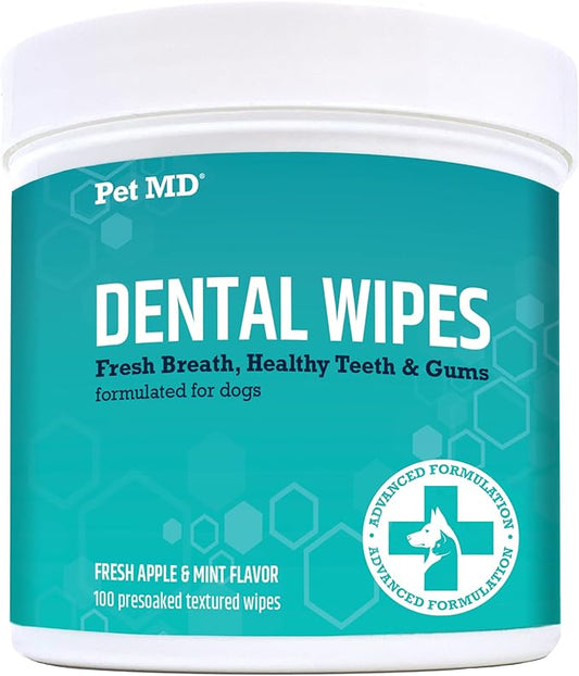 Pet MD Dog Breath Freshener Dental Wipes for Dogs - Tartar and Plaque Remover for Teeth Cleaning - Fresh Apple & Mint Scent Bad Breath Treatment for Dogs - 100 count