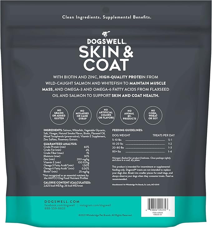 DOGSWELL Jerky Treats for Dogs, Skin and Coat Salmon Recipe 18 oz., 29235