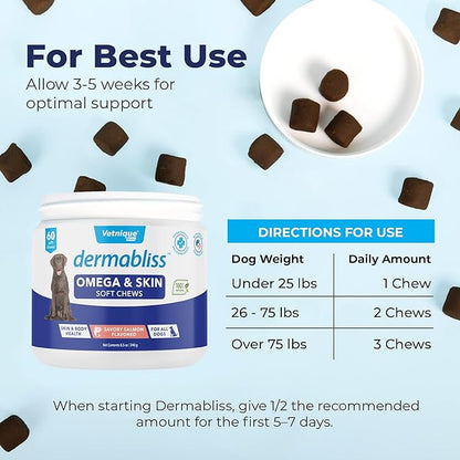 Vetnique Dermabliss Omega & Skin Health Fish Oil for Dogs Soft Chews Healthy Skin & Coat for Dogs with Biotin & DHA - Hickory Salmon Dog Treats (60ct Chews)