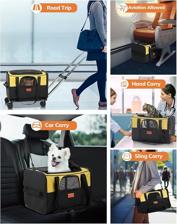 Morpilot Cat Carrier with Wheels Airline Approved, Pet Dog Carrier with Wheels for Small Dogs, Rolling Cat Carrier for Large Cats Puppy Stroller Detachable and Foldable Pet Travel Bag Black&Yellow