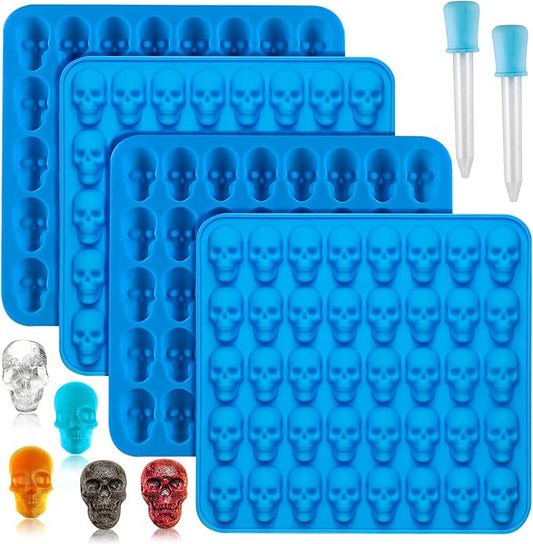 4Pcs Gummy Candy Molds, Gummy Bear Molds, Gummy Dinosaur Molds, Gummy Donut Molds and Gummy Hearts Molds, Non-stick Silicone Candy Molds with 2 Droppers (Skull)