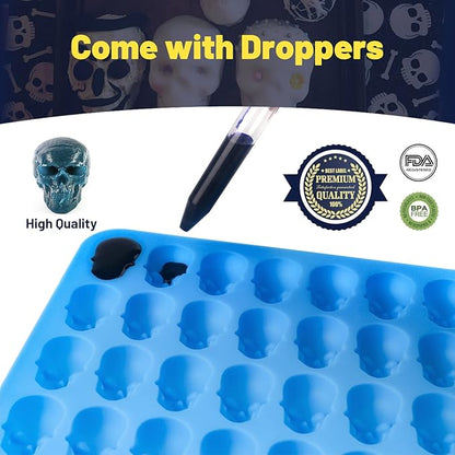 4Pcs Gummy Candy Molds, Gummy Bear Molds, Gummy Dinosaur Molds, Gummy Donut Molds and Gummy Hearts Molds, Non-stick Silicone Candy Molds with 2 Droppers (Skull)