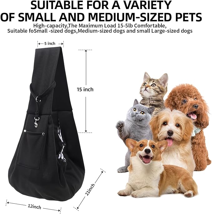 Dog Carrier Sling - Reversible Puppy Carrier Purse with Storage Pocket, Hand-Free Dog Sling Carrier for Carry Small Dogs and Cats，Travel Safety Harness, Dog and cat Harness (Black)