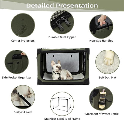 42 Inch Stainless Steel Collapsible Dog Crates for Large Dogs, 4-Door Soft Sided Dog Kennel for Travel, Portable Foldable Pet Crate with Durable Mesh Windows, Indoor & Outdoor, Olive Green