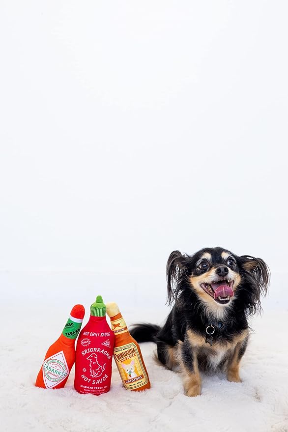Pearhead Hot Sauce Dog Toys, Set of 3, Hot Sauce Toy Set for Dogs, Must Have Toys for Pet Owners, Plush Chew Toys Set of 3