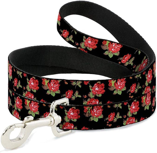 Dog Leash Red Roses Scattered Black 6 Feet Long 1.5 Inch Wide