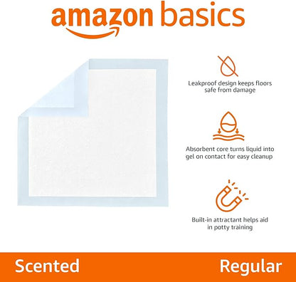 Amazon Basics Dog and Puppy Pee Pads with 5-Layer Leak-Proof Design and Quick-Dry Surface for Potty Training, Regular, 22 x 22 Inch, Scented - Pack of 150, Blue