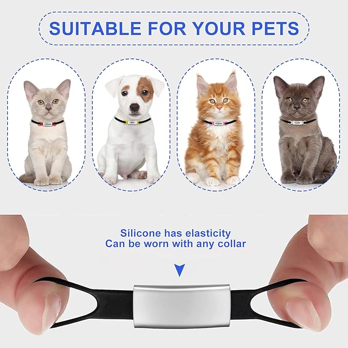 6 Pcs Slide On Dog ID Tag, Dog Collar Tag, Silicone Stainless Steel Dog Cat Personalized Name Engraved Tags, Custom Dog Tags, Silent Dog License Tag, Blank Pet ID Tags for Dogs Cats (6 Colors)