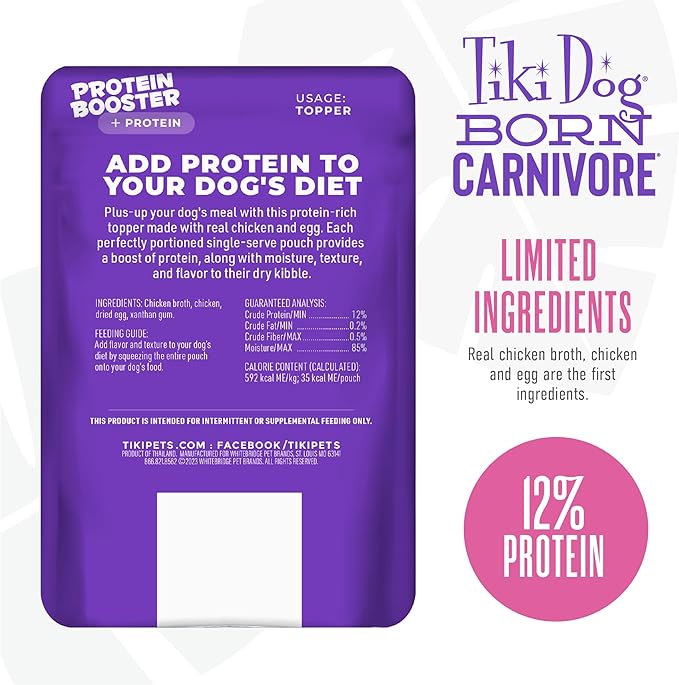 Tiki Dog Born Carnivore Protein Booster Dog Food Topper, Chicken and Egg Recipe in Broth, 2.1 oz. Pouch (12 Count)