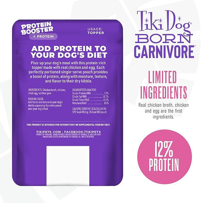 Tiki Dog Born Carnivore Protein Booster Dog Food Topper, Chicken and Egg Recipe in Broth, 2.1 oz. Pouch (12 Count)