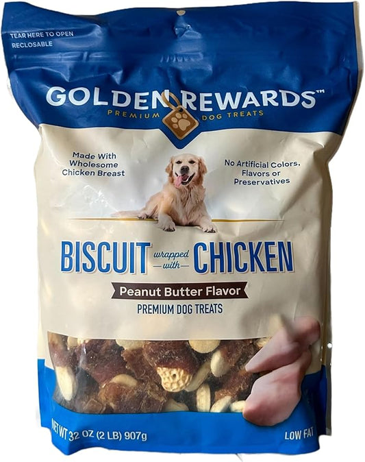 Golden Rewards Dog Treats - Chicken Jerky Wrapped with Sweet Potato, Made with Real Chicken - Peanut Butter Flavored Biscuits for Dogs (32 oz.)