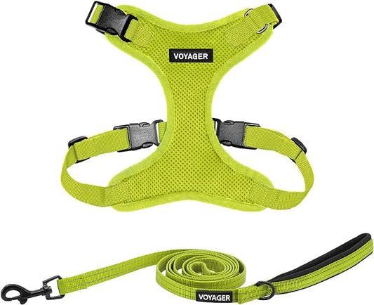 Voyager Step-in Lock Dog Harness w Reflective Dog Leash Combo Set with Neoprene Handle 5ft - Supports Small, Medium and Large Breed Puppies/Cats by Best Pet Supplies - Lime Green, M