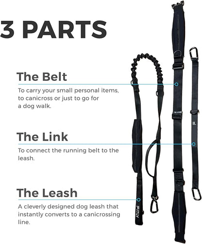 Dog Running Waist Belt - Running Dog Lead - Canicross Harness Carry Personal Items Running, Walks, Hikes - Waist Leads for Dogs with Belt Pouch, Converts into Canicrossing Line - Nifty Black