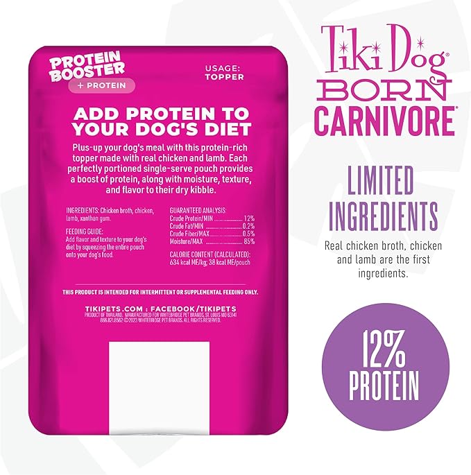 Tiki Dog Born Carnivore Protein Booster Dog Food Topper, Chicken and Lamb Recipe in Broth, 2.1 oz. Pouch (12 Count)