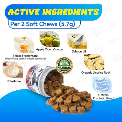 ColEzae Dog Allergy Relief Chews, with Omega 3 & Probiotics and Herbal Allergy Medicine for Dogs, Combat Itchy Skin, Paw Licking, and Seasonal Allergies Supplement